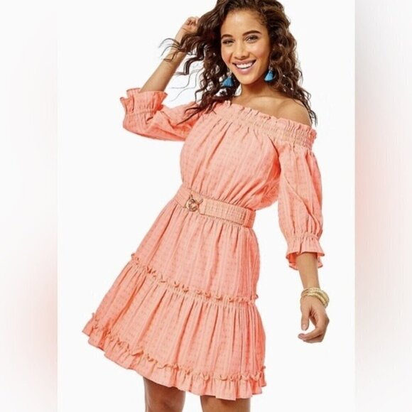 NWT Lilly Pulitzer Bright Orange Mini Dress Size XS Louisa Off The Shoulder - Picture 1 of 12